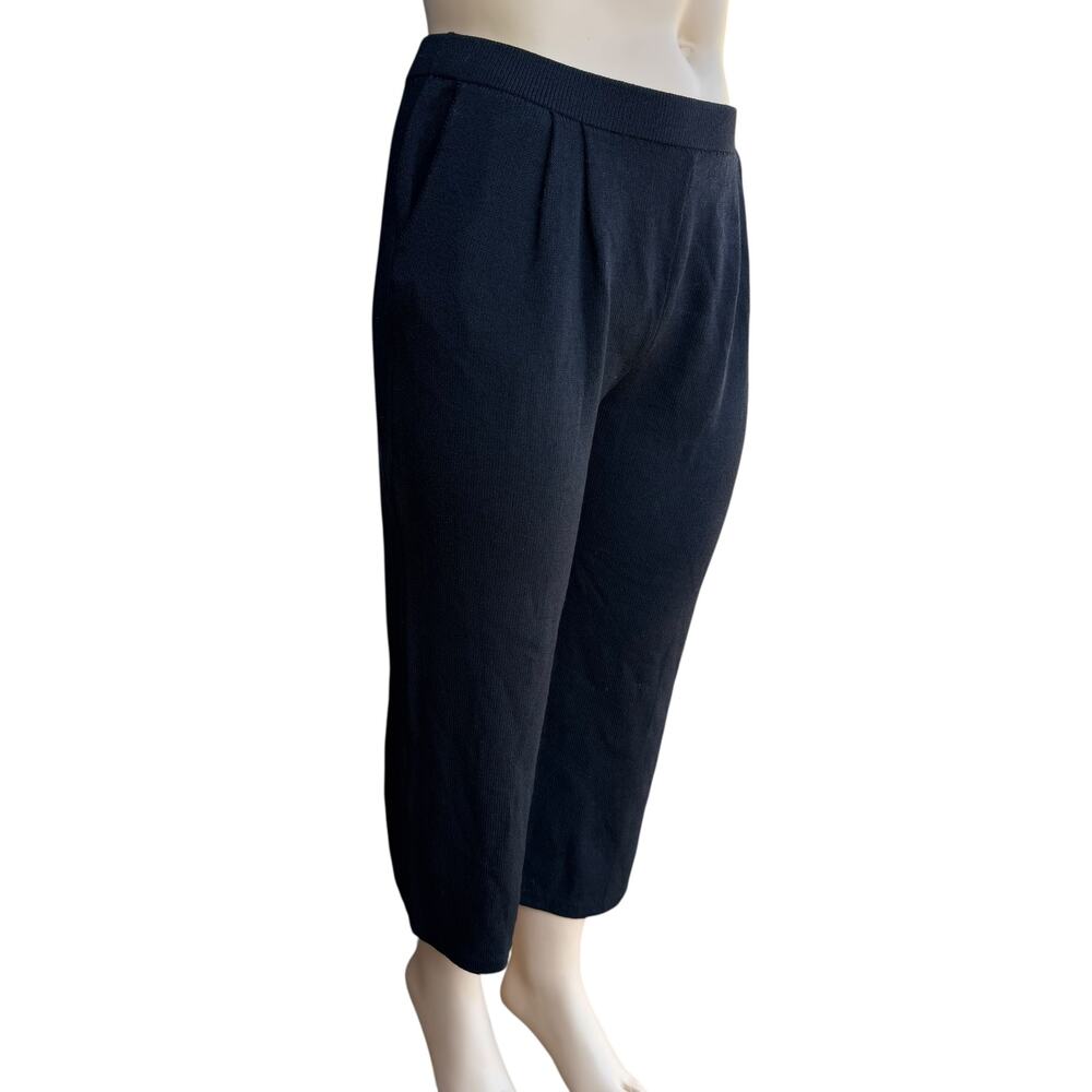 St John Basics Black Santana Knit Pleated Wide Leg Cropped Pants Trousers USA 16